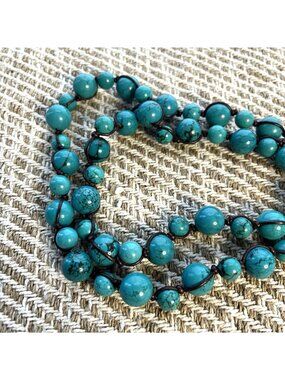 Coldwater Creek Faux Turquoise Beaded Necklace Knotted Waxed Leather 32”